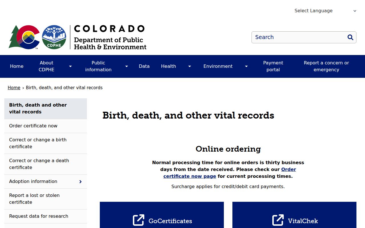 Colorado vital records ordering route for the Erie resident lookup